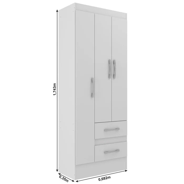 Guarda Roupas Solteiro 3 Portas 2 Gavetas Nobre Branco